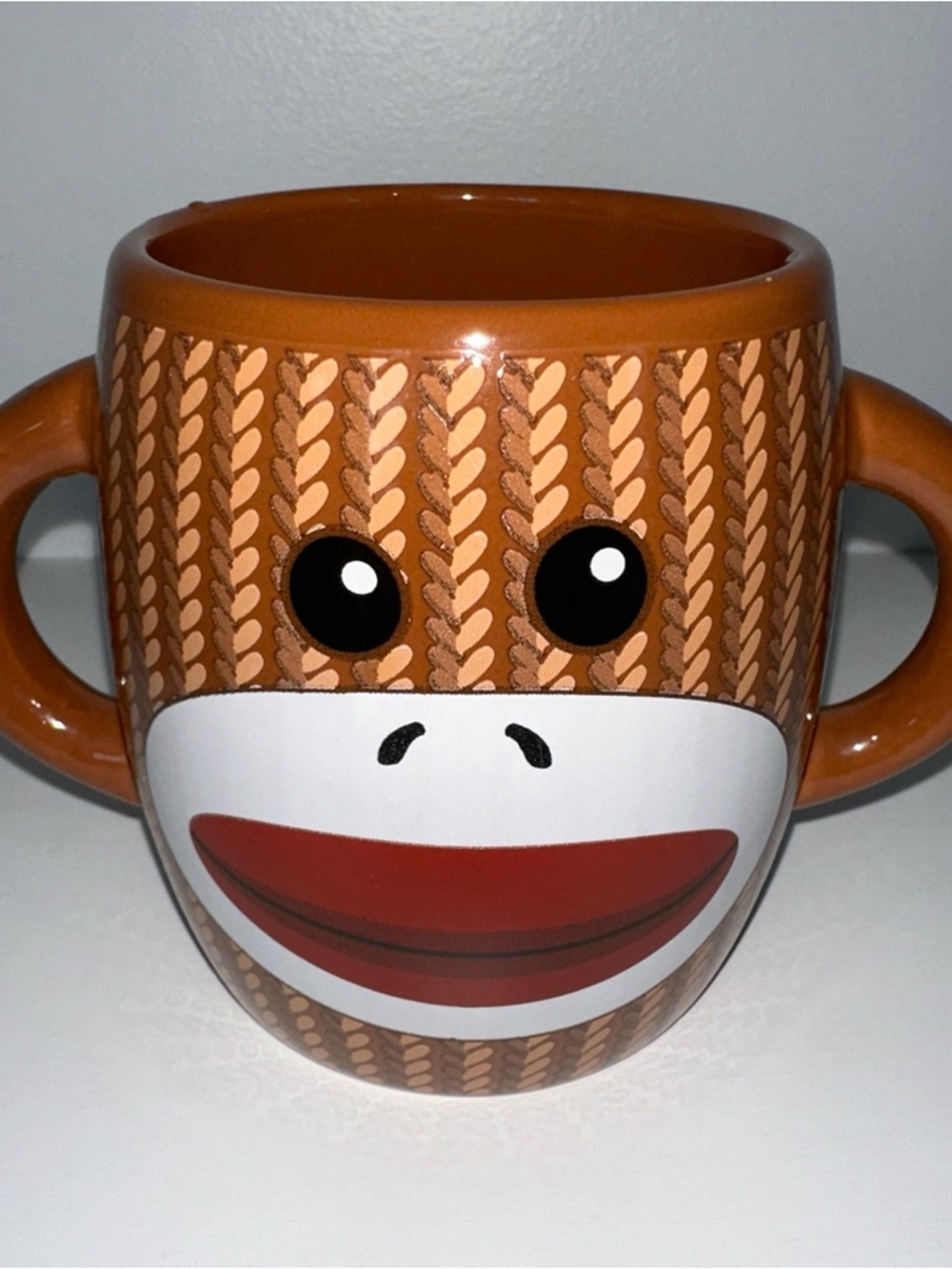 The Galerie Coffee Mug Cup Sock Monkey - Ear Double Handle Ceramic 16 oz. Brown